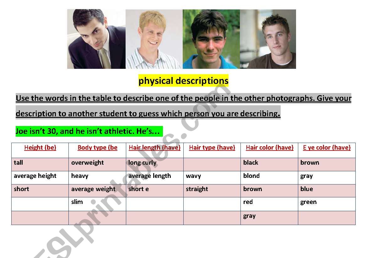 Physical descriptions worksheet