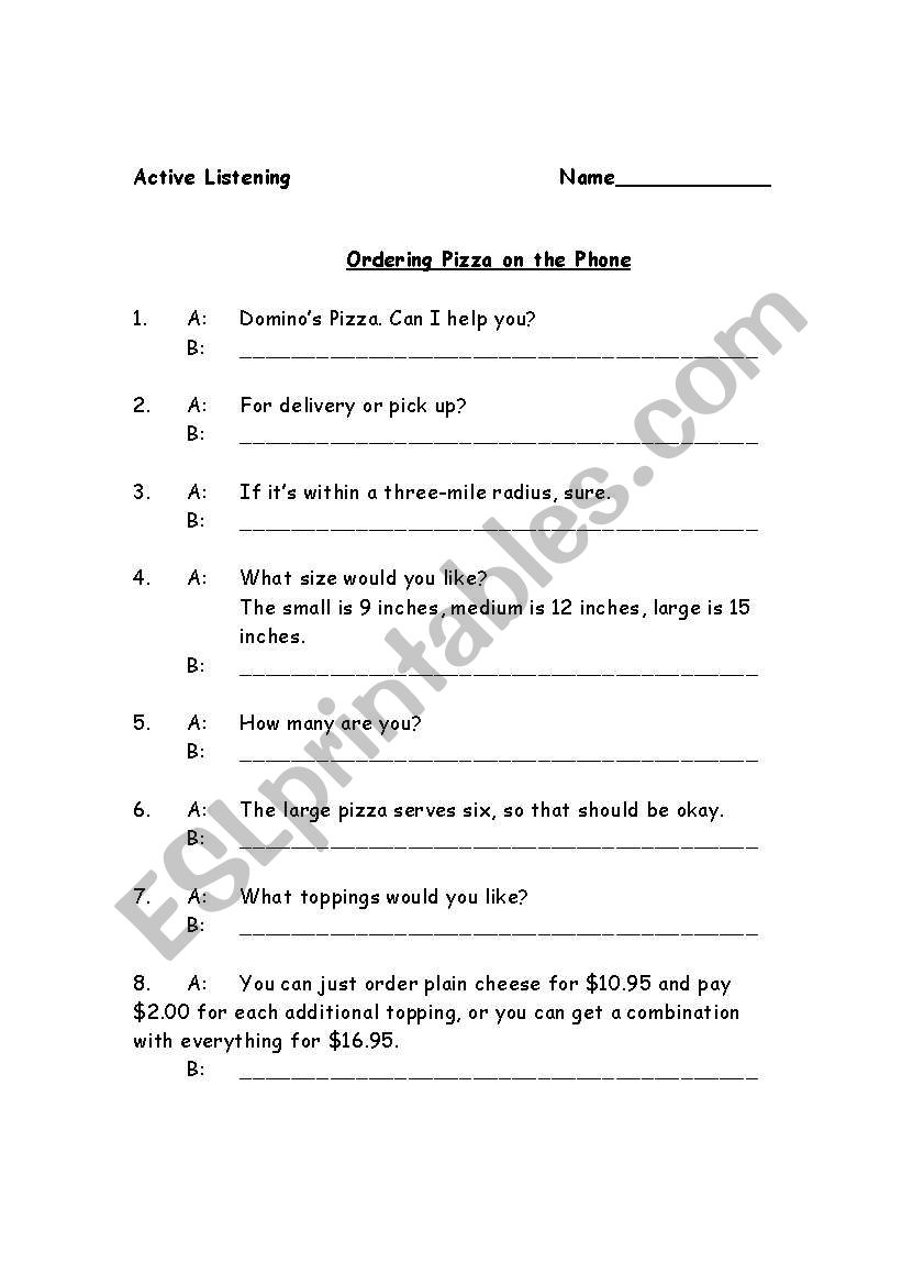 Ordering pizza on the phone worksheet