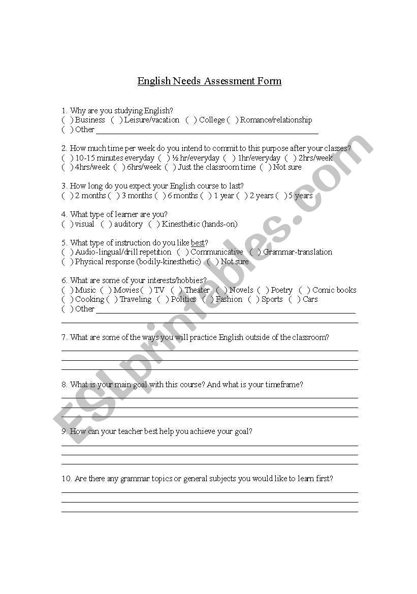 English Needs Assessment Form worksheet