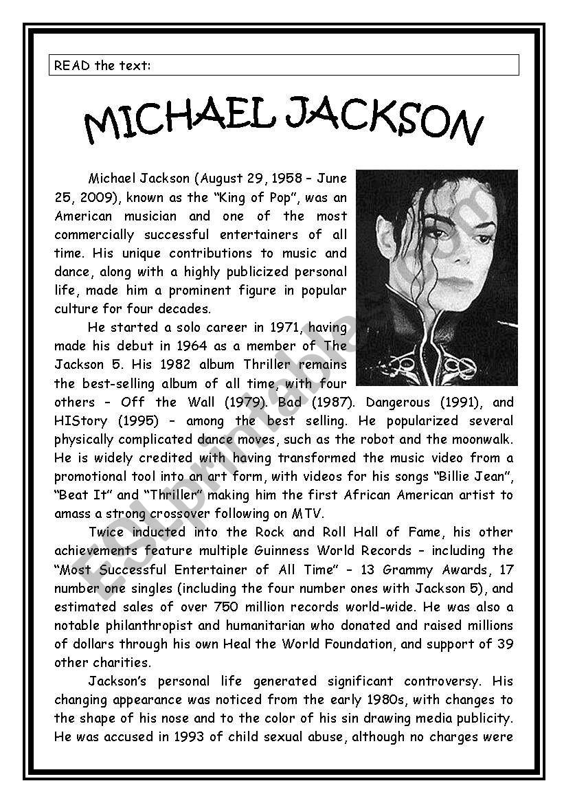 MICHAEL JACKSONÂ´S LIFE worksheet