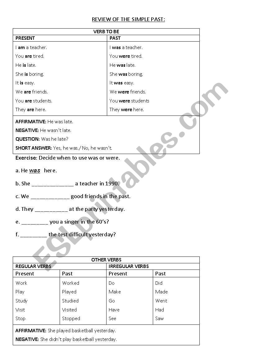 Simple Past review worksheet