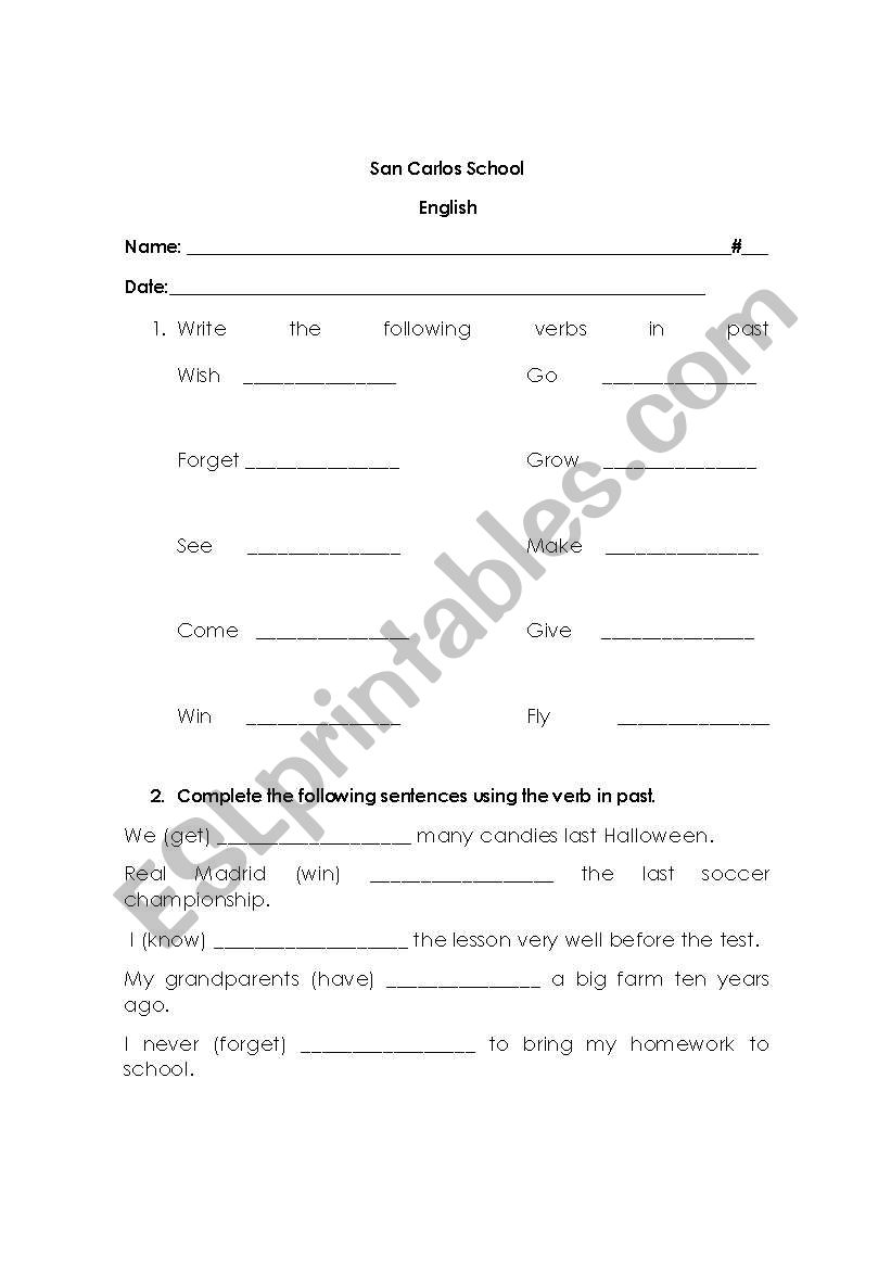 simple past test worksheet