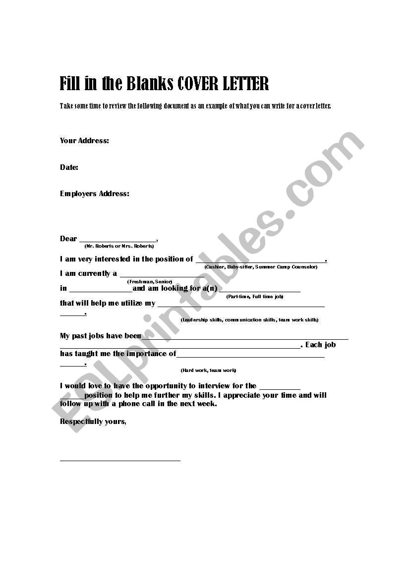 Camp Counselor Cover Letter from www.eslprintables.com
