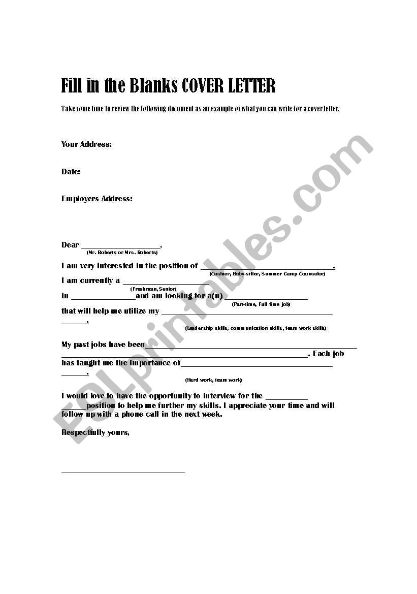 cover letter worksheet esl