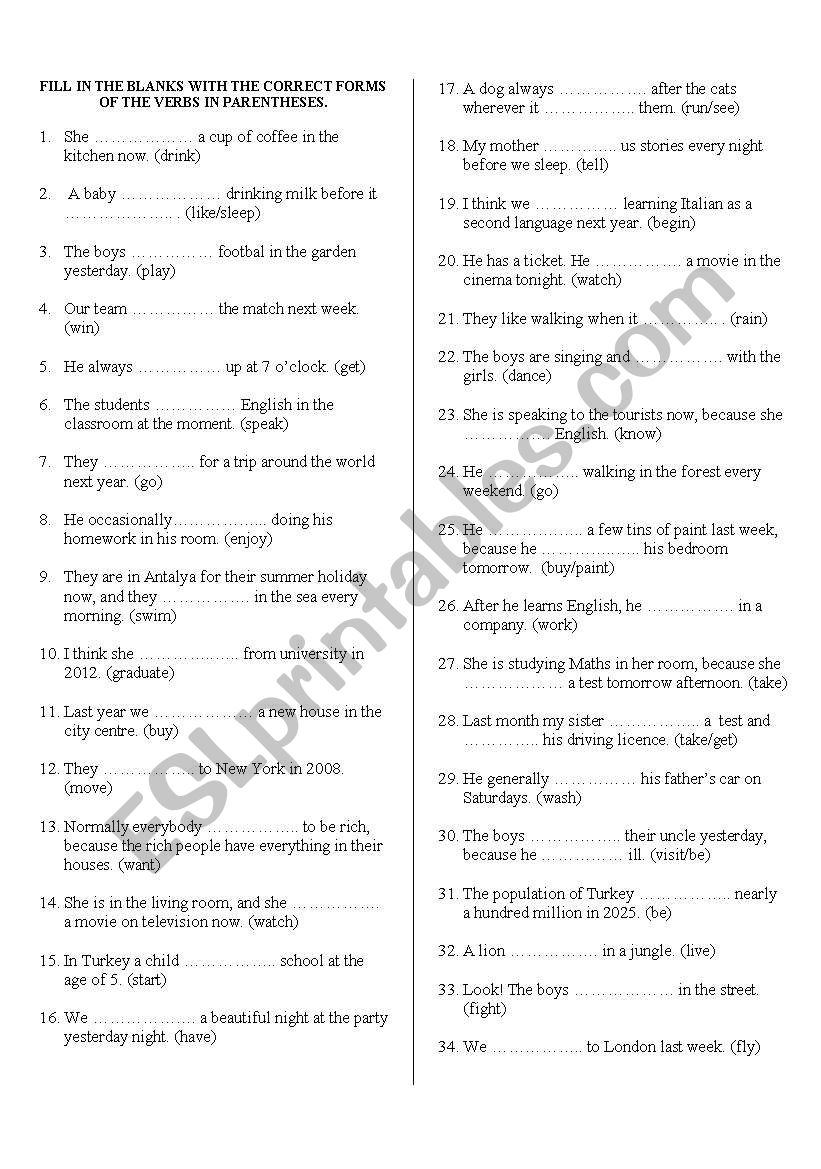 Exercise on Tenses worksheet