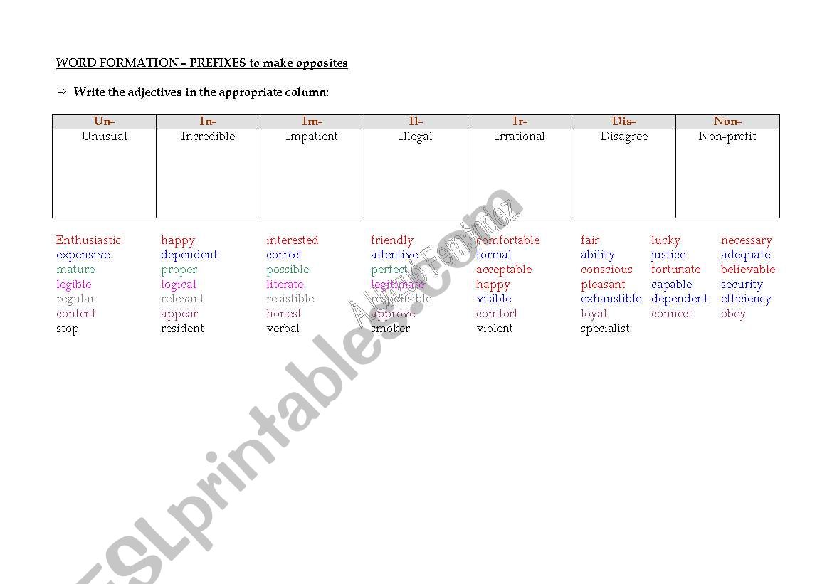 Prefixes to make opposites worksheet