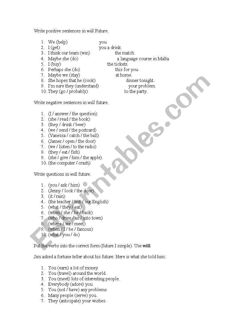 FUTURE SIMPLE WILL worksheet