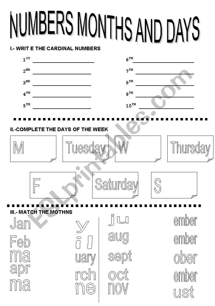 NUMBERS MONTHS AND DAYS worksheet