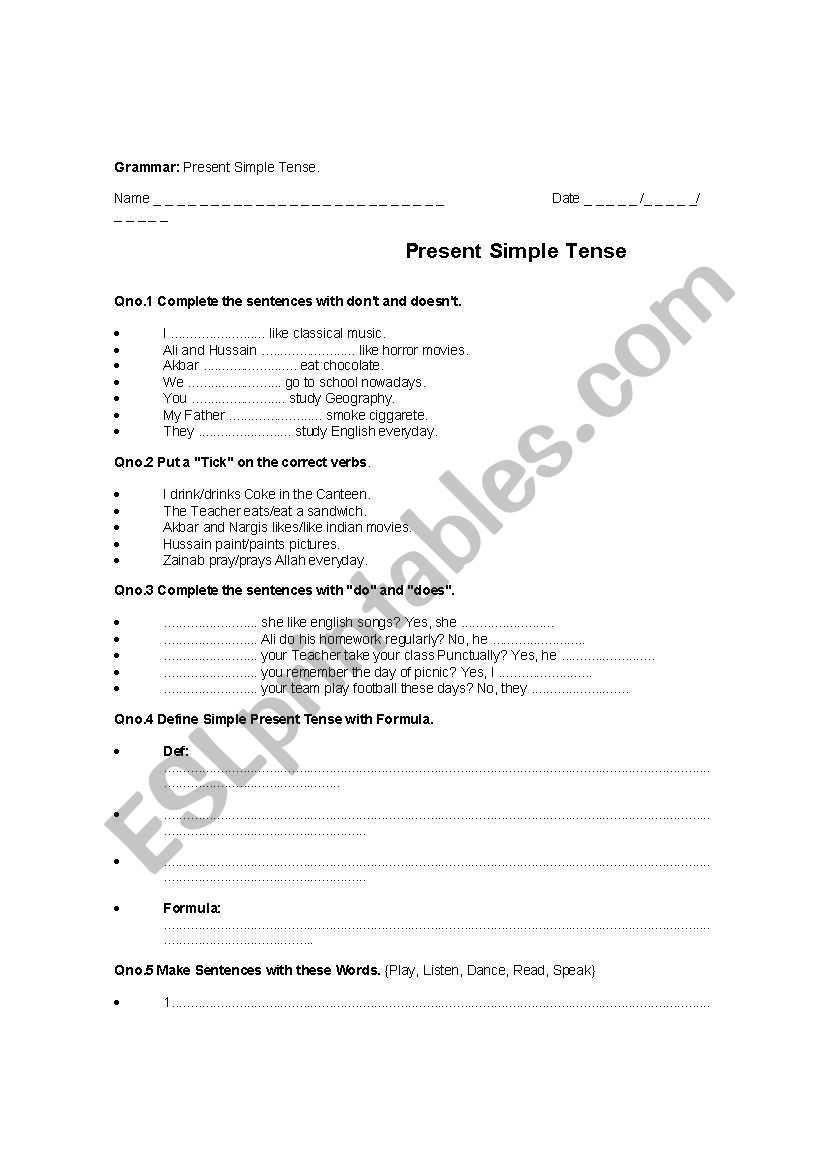 Present Simple Tense worksheet