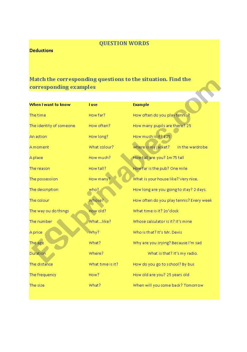 question words worksheet