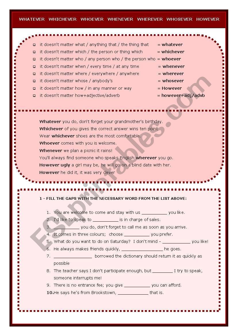 Relative Pronouns+ever worksheet