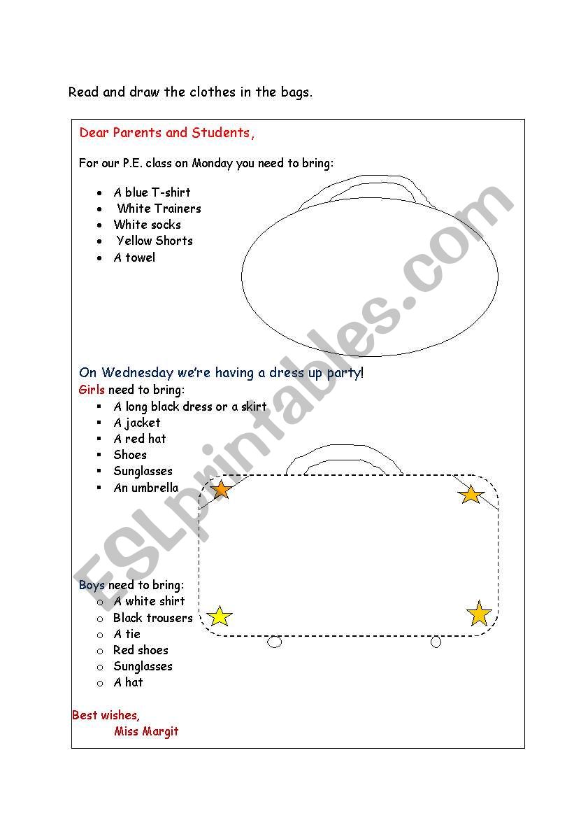 Clothes, teachers letter worksheet