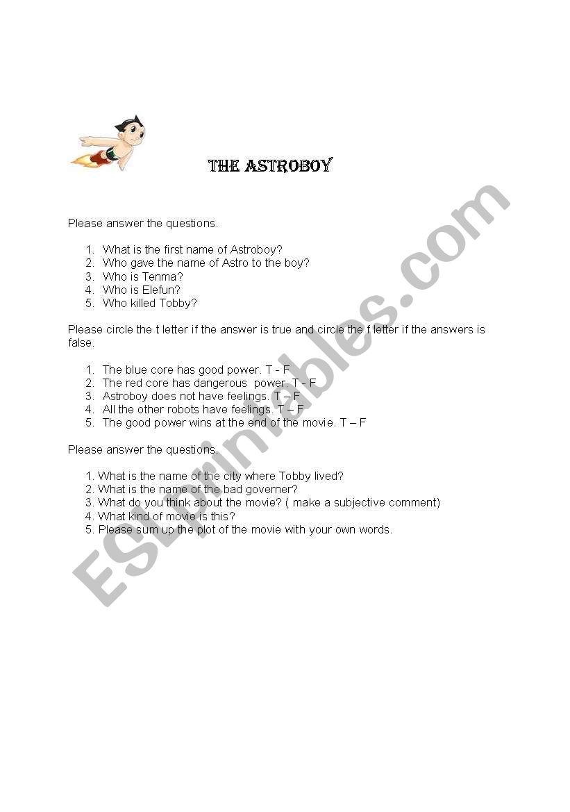 English worksheets: ASTROBOY WORKSHEET With Regard To The Core Movie Worksheet Answers