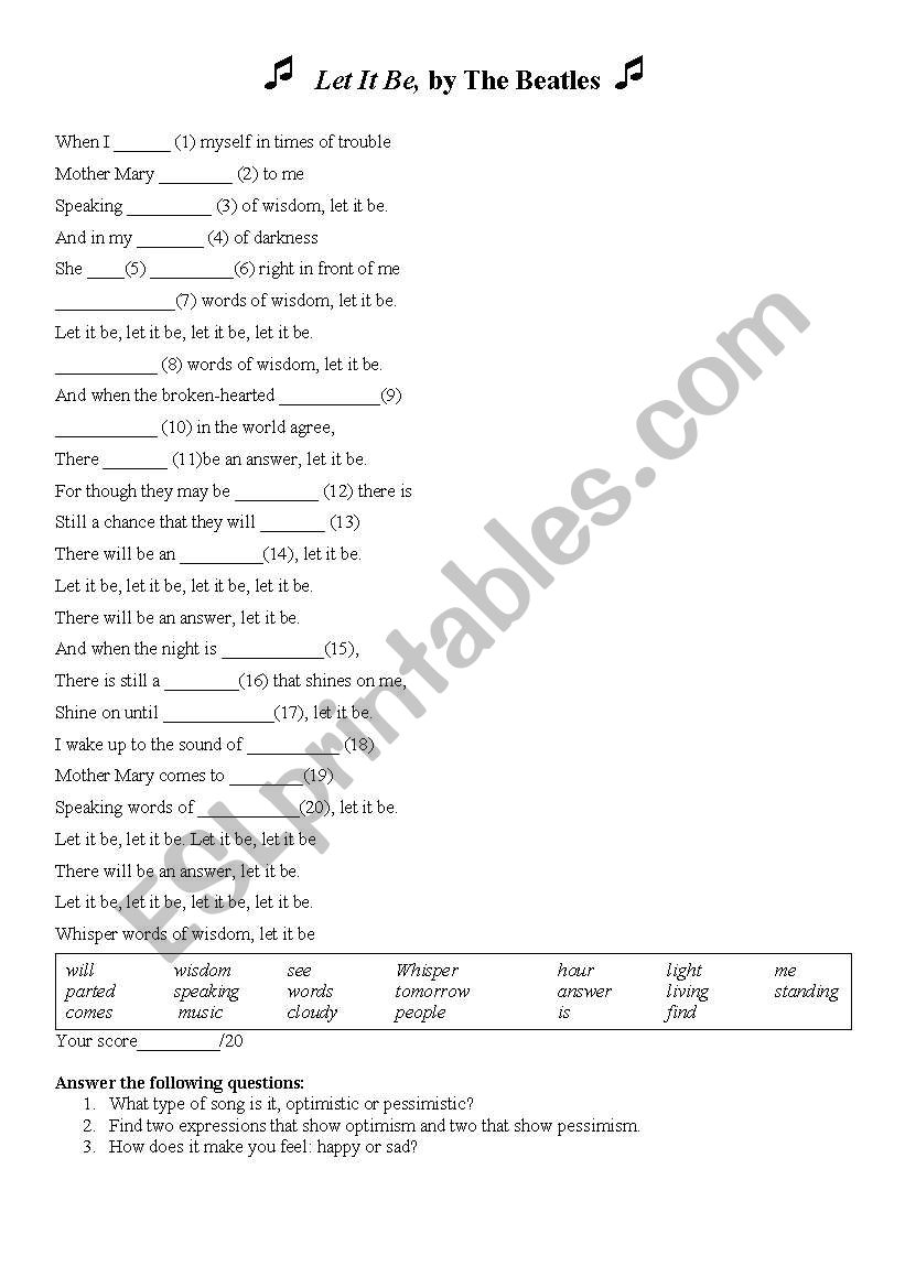 LET IT BE SONG LESSON worksheet