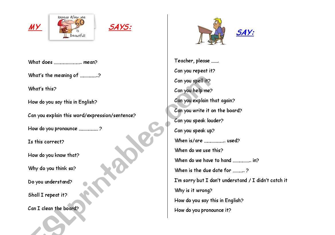 classroom expressions worksheet
