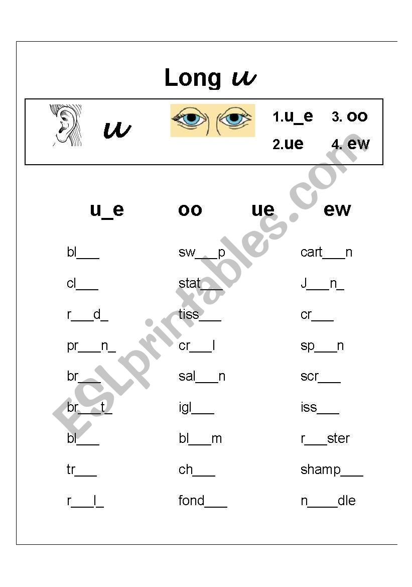 Long vowel u spelling worksheet