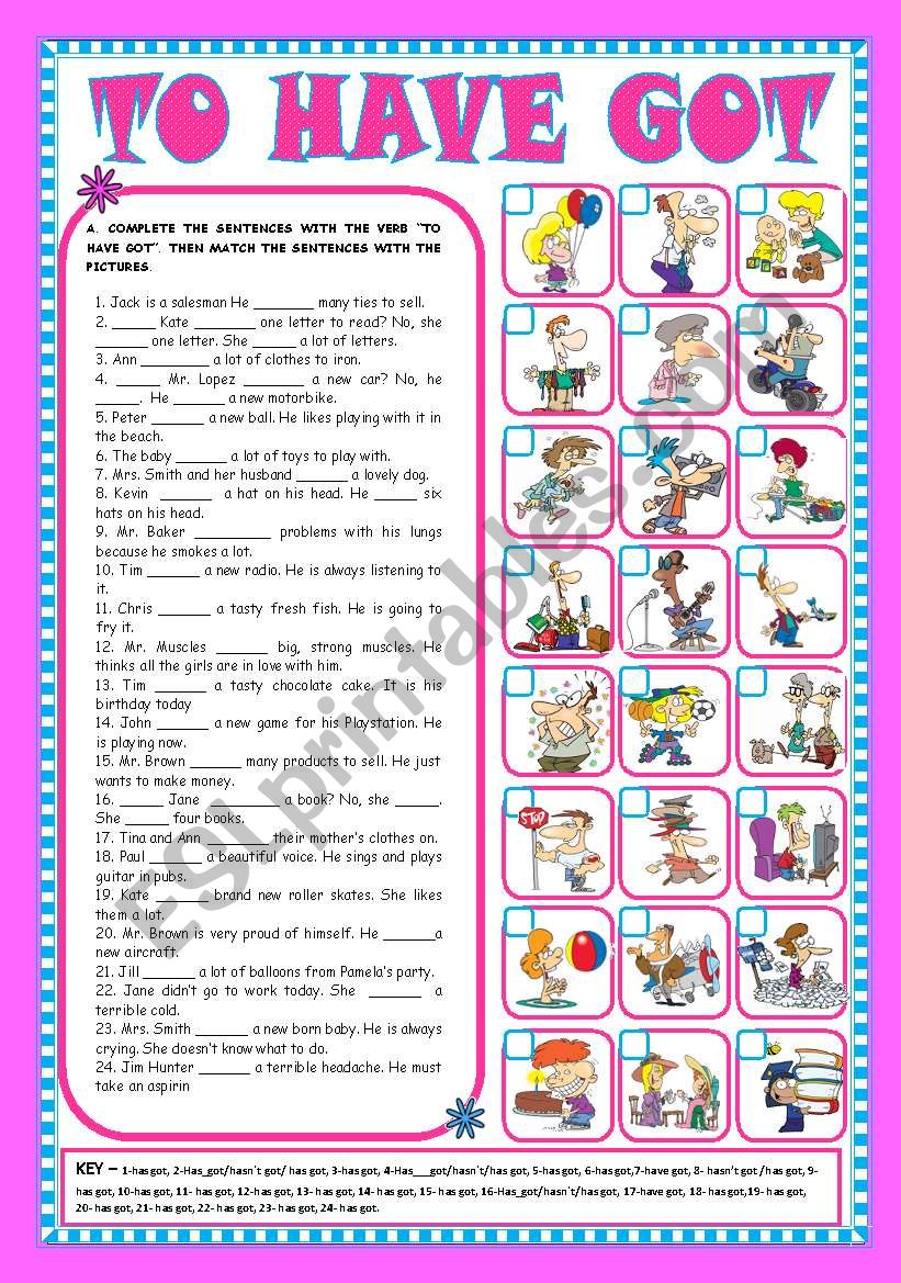 VERB TO HAVE GOT - AFFIRMATIVE, NEGATIVE and INTERROGATIVE FORMS (+KEY) - FULLY EDITABLE
