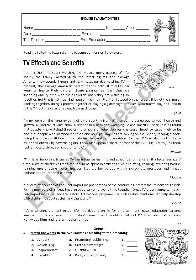 TV Effects and Benefits worksheet