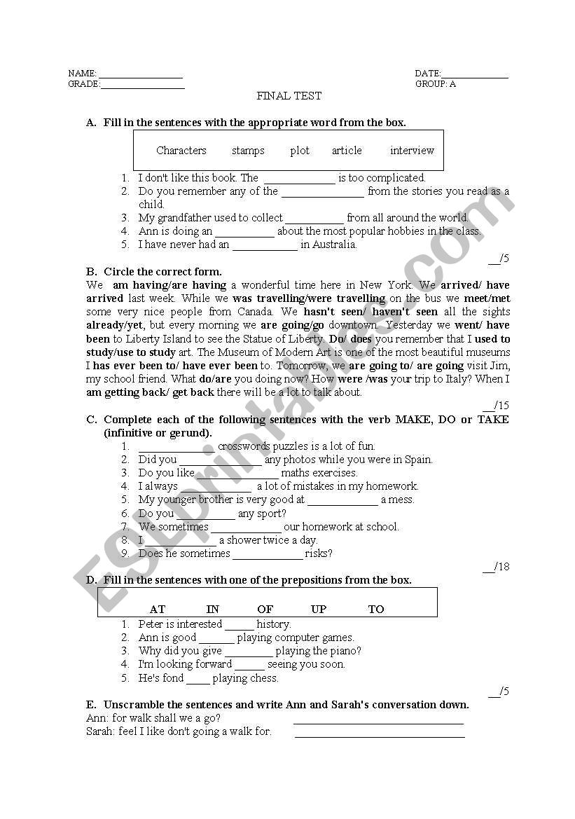 test - mixed tenses worksheet