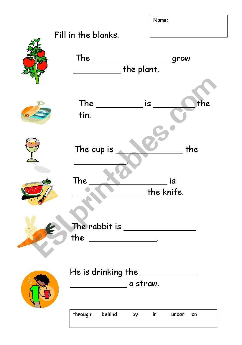 food vocab and prepositions worksheet