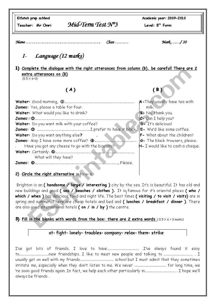 varied english test worksheet
