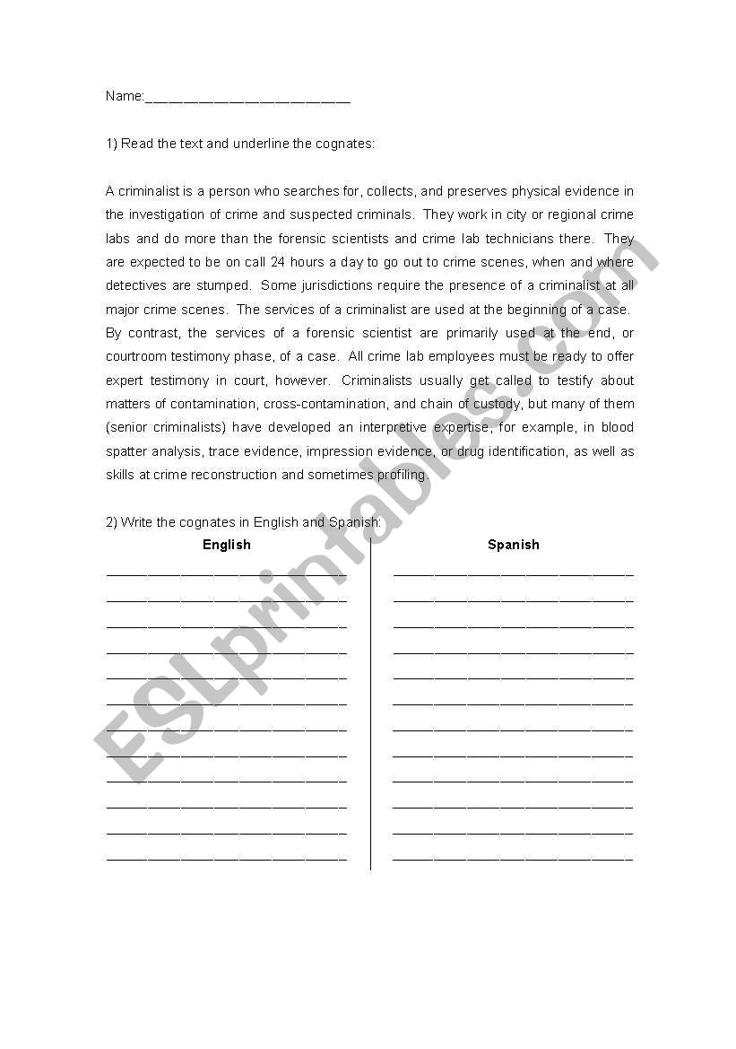 A lesson for cognates worksheet