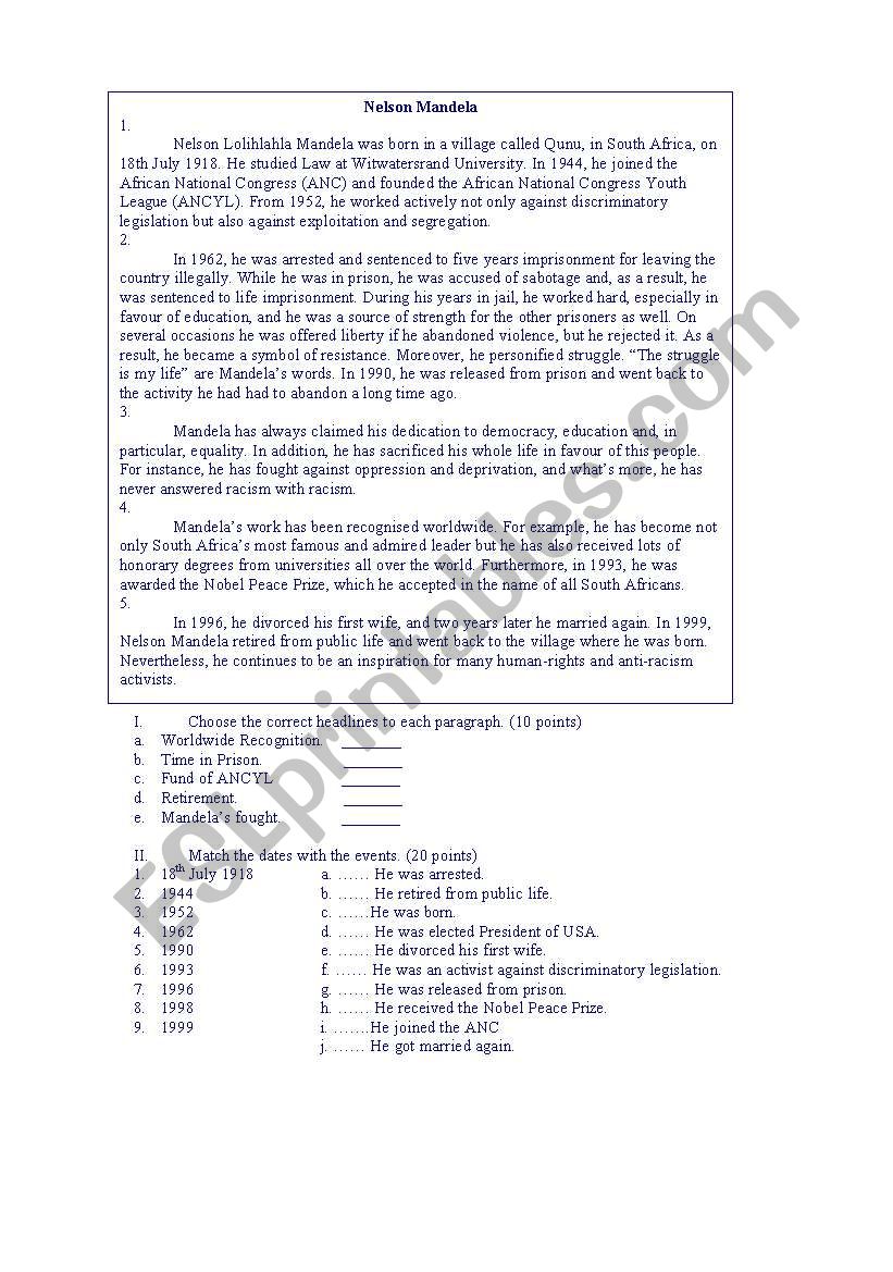 Nelson Mandela worksheet