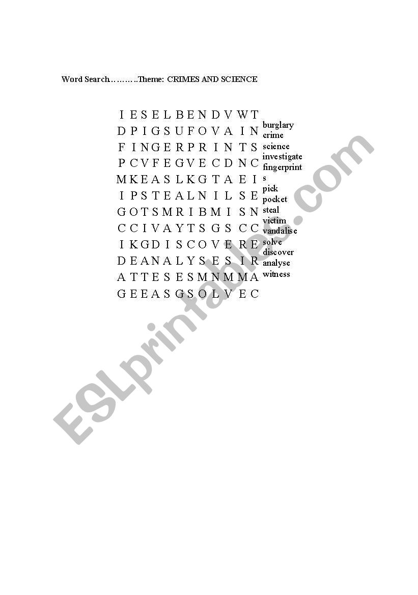 Crime word search worksheet