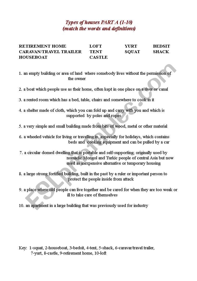 Types of houses - part A worksheet