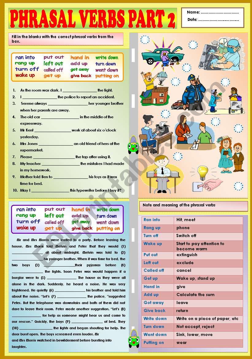 phrasal verbs part 2 key esl worksheet by ayrin