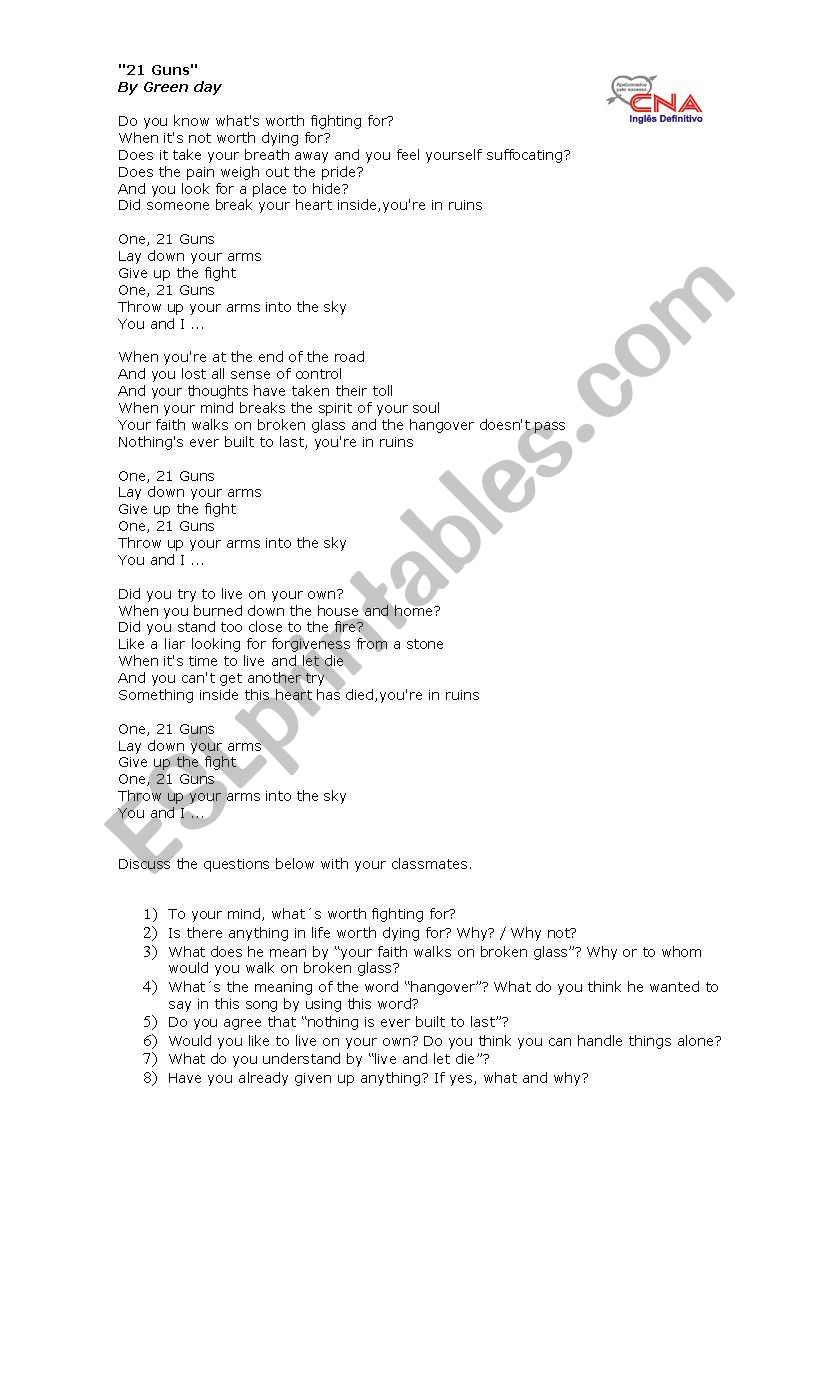 21 guns - Green Day worksheet