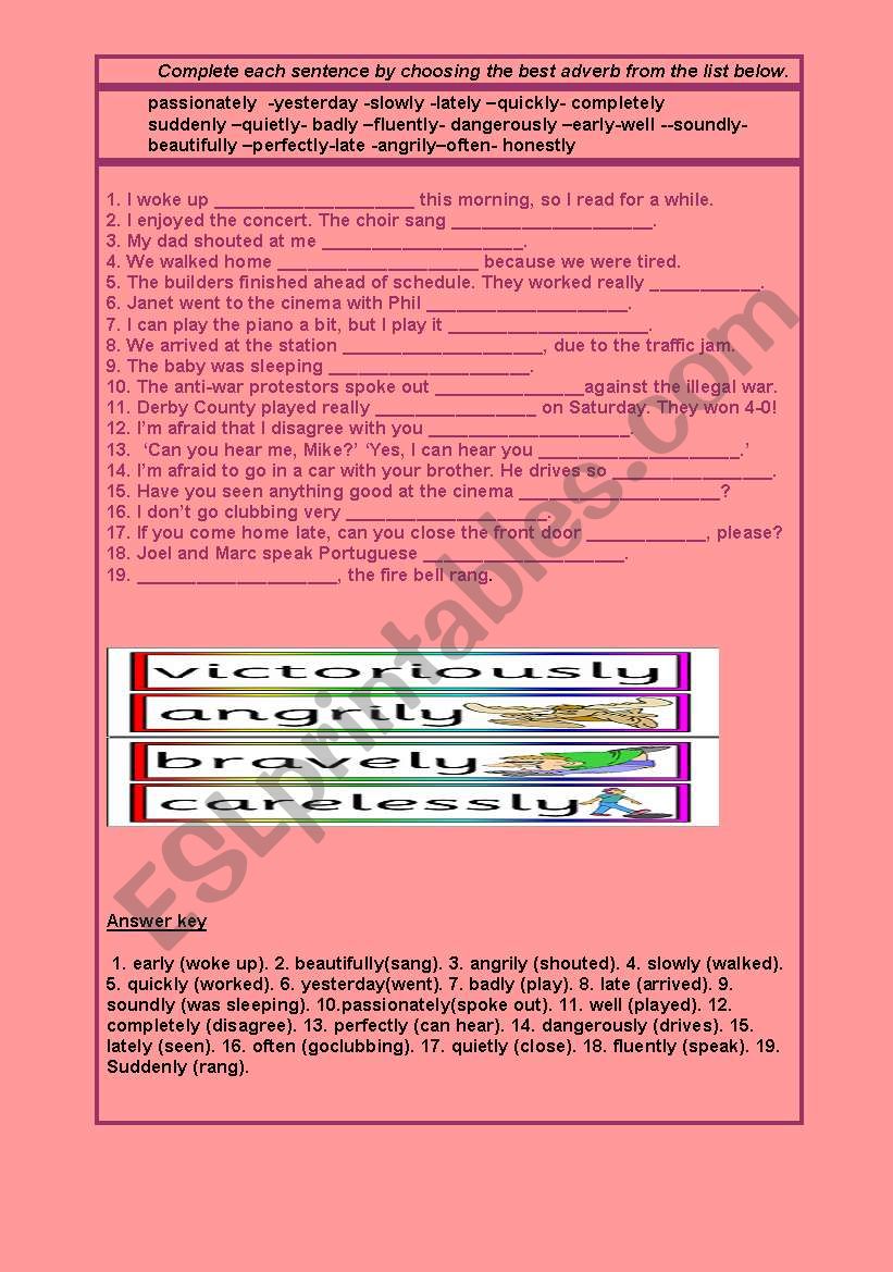 Exercises on adverbs with key worksheet