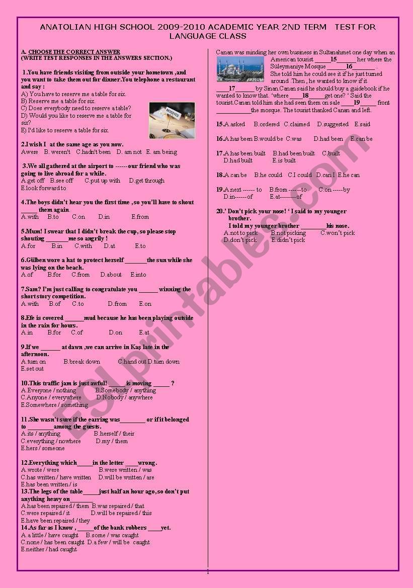 20 question test for intermediate students