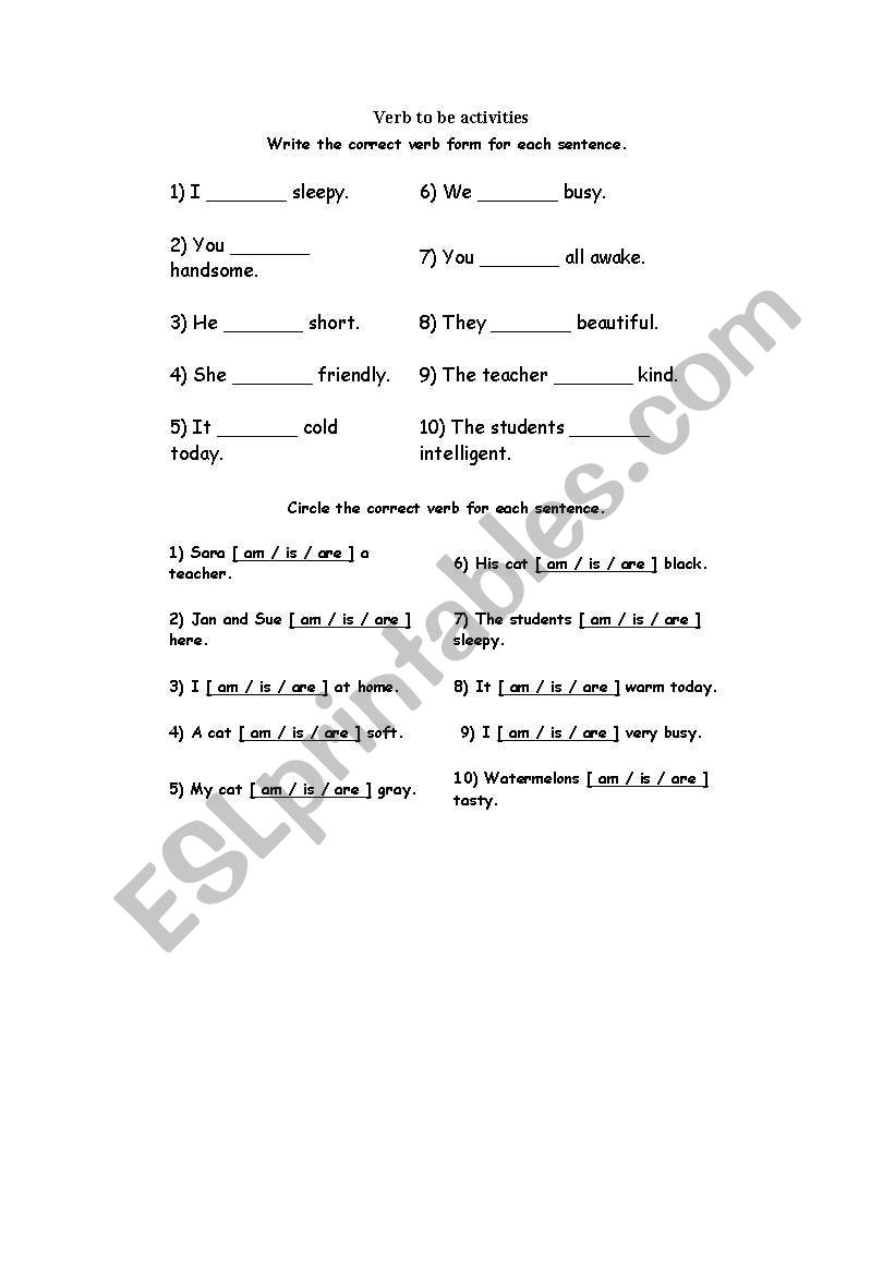 verb to be worksheet