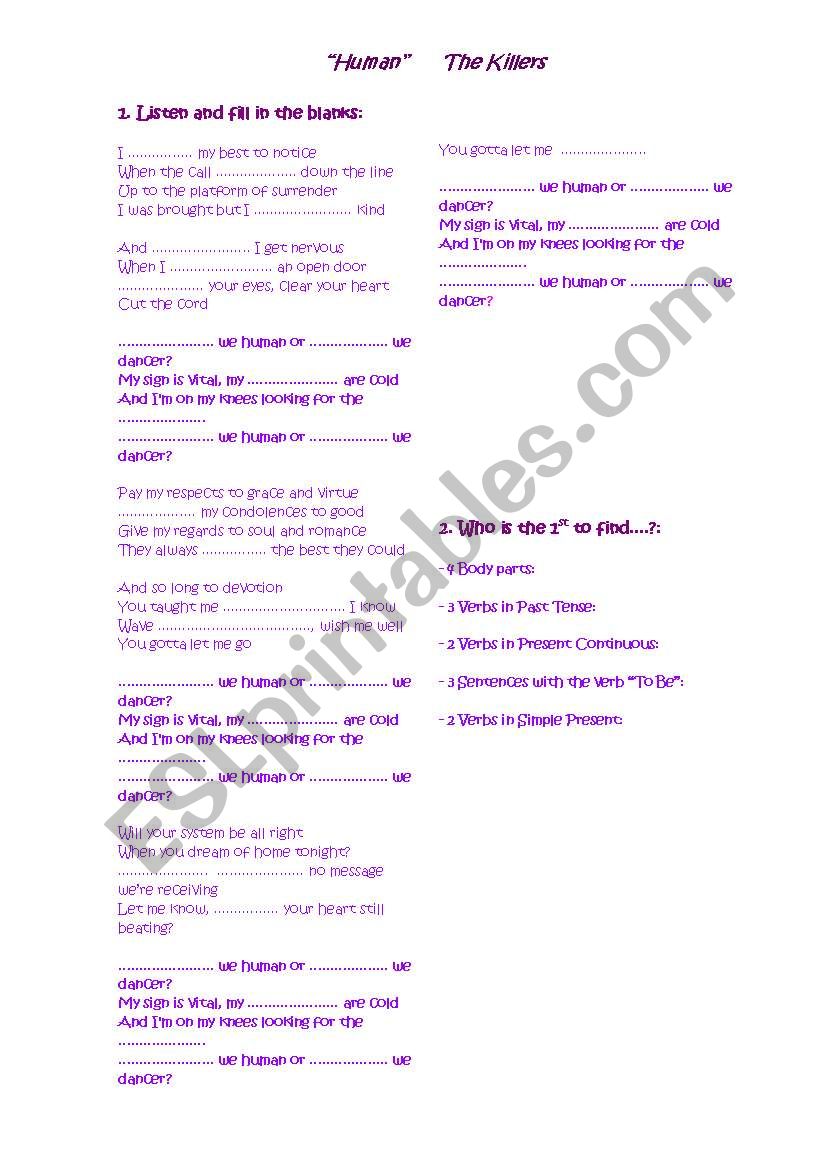 Human by The Killers worksheet