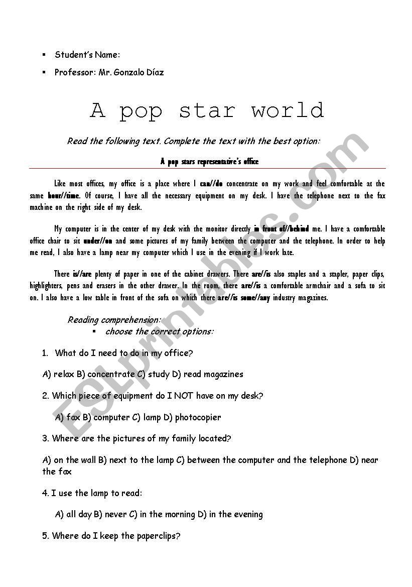 test pop star wprld worksheet
