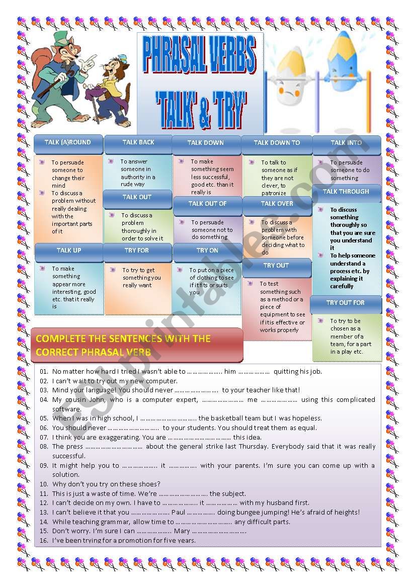 PHRASAL VERBS: TALK & TRY worksheet