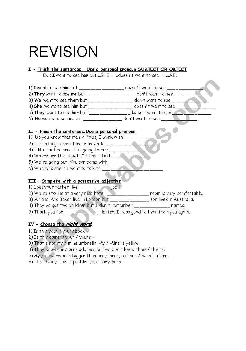 REVISION PRONOUNS AND ADJECTIVES