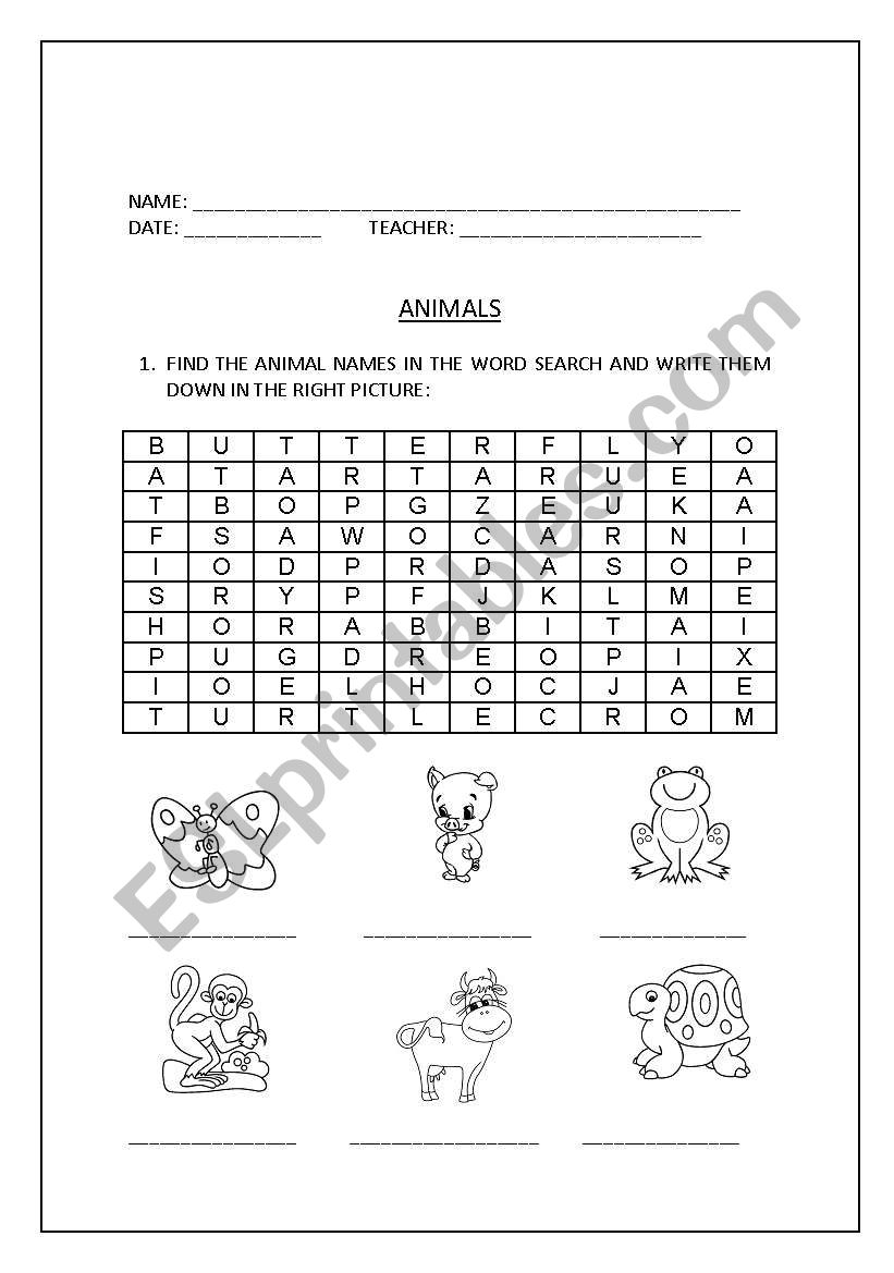 Animal Word Search and Writing