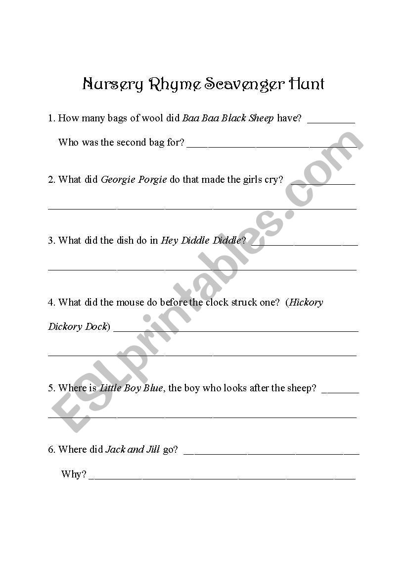 Nursery Rhyme Scavenger Hunt worksheet