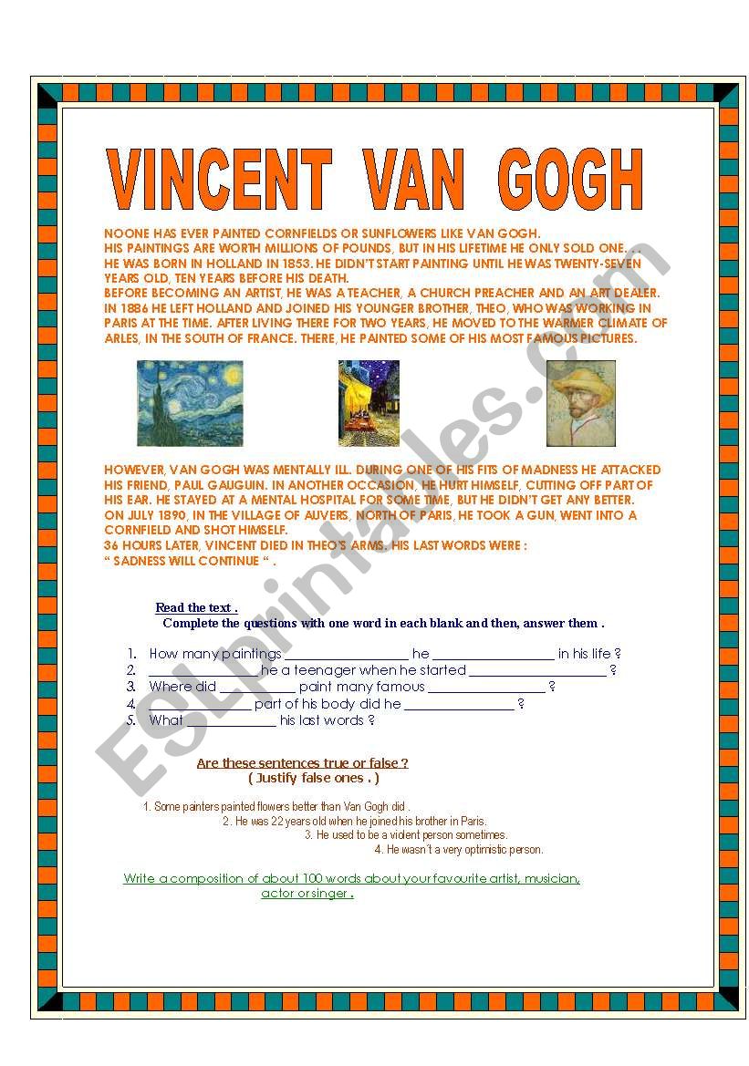 VAN GOGH - read comp and grammar ex.