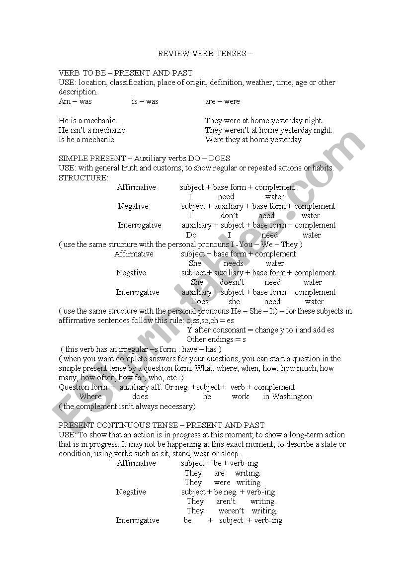 verb tenses worksheet