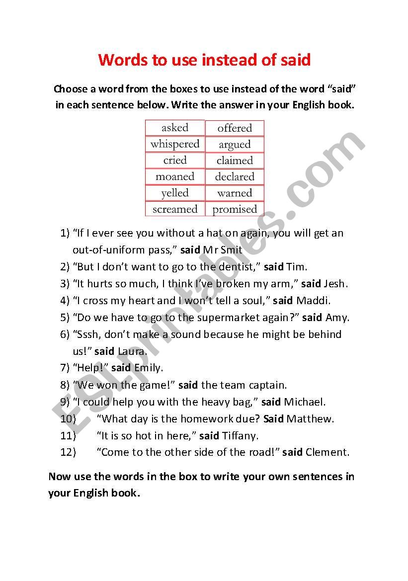 Words to use instead of said worksheet