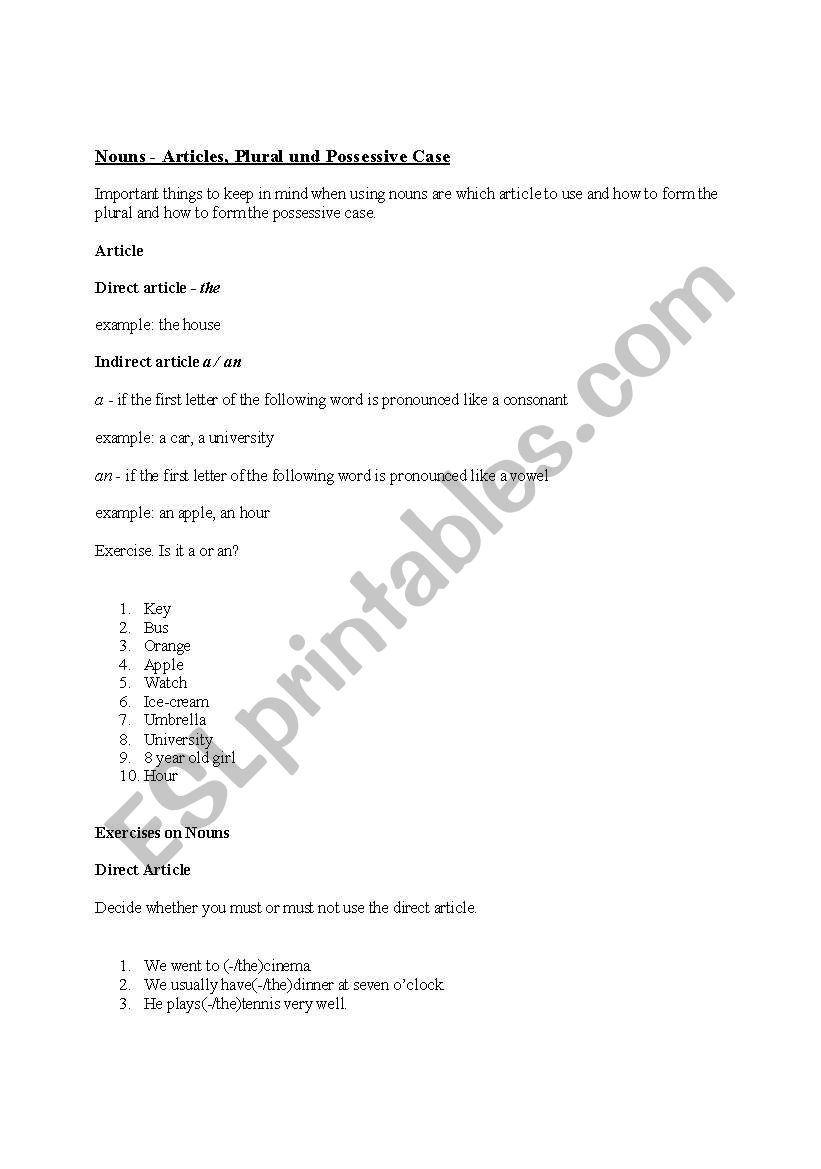 NOUNS: ARTICLES PLURALS AND POSSESSIVE