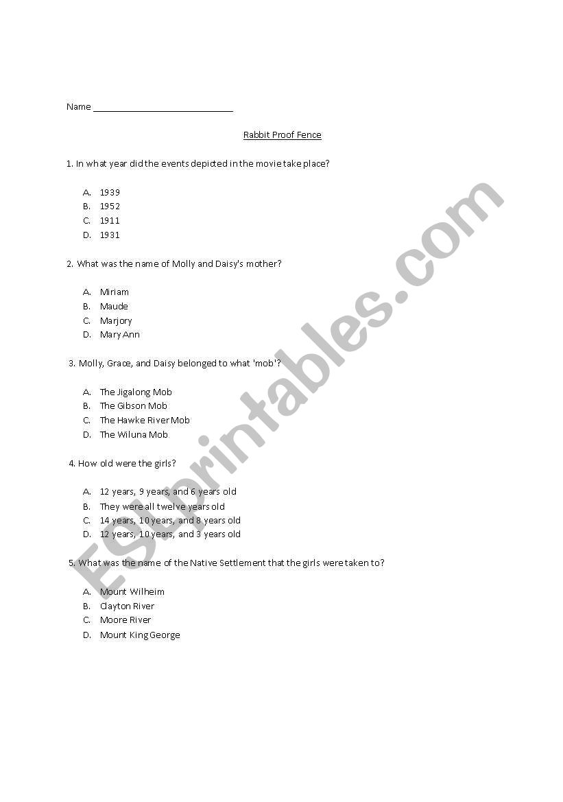 Rabbit Proof Fence worksheet