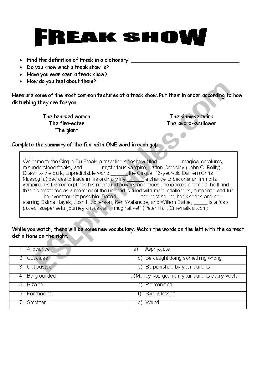 Cirque du Freak video session worksheet