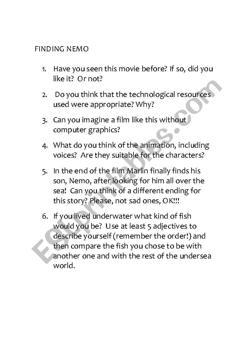 Finding Nemo worksheet