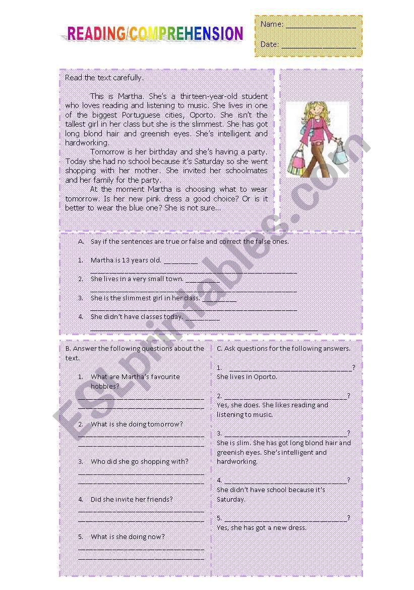 Reading/comprehension worksheet