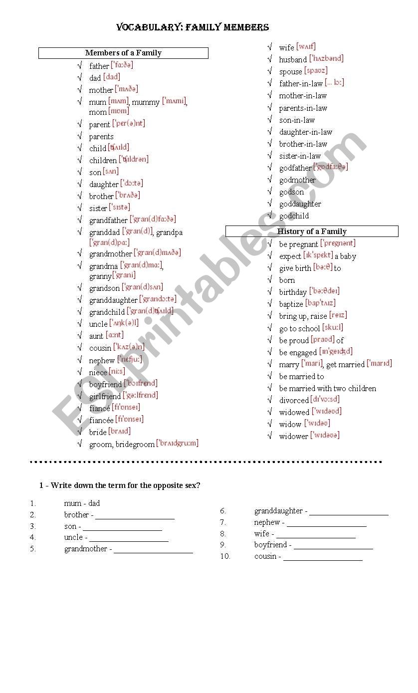 FAMILY MEMBERS worksheet