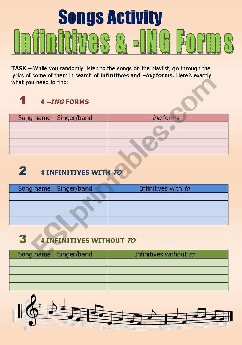 SONGS ACTIVITY - Infinitives & -Ing Forms